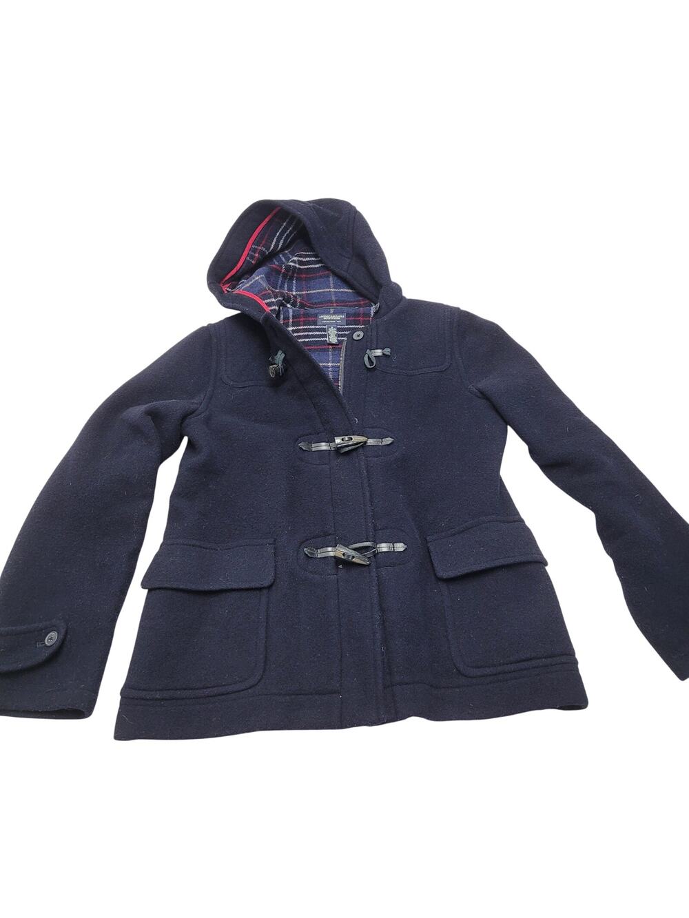Y2k American Eagle wool blend duffle coat peacoat navy blue leather toggle retro